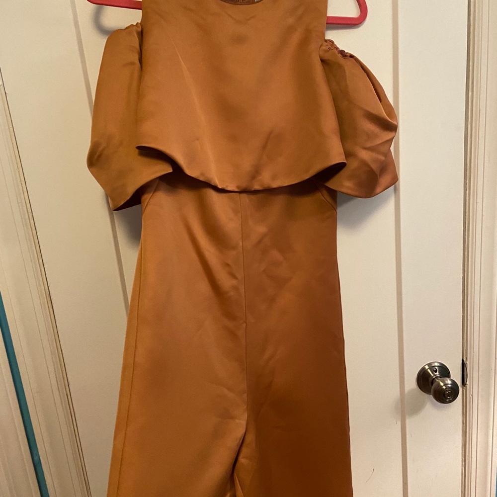 ASOS Bonded Off Shoulder Gold Jumpsuit Size 4 - Picture 4 of 10
